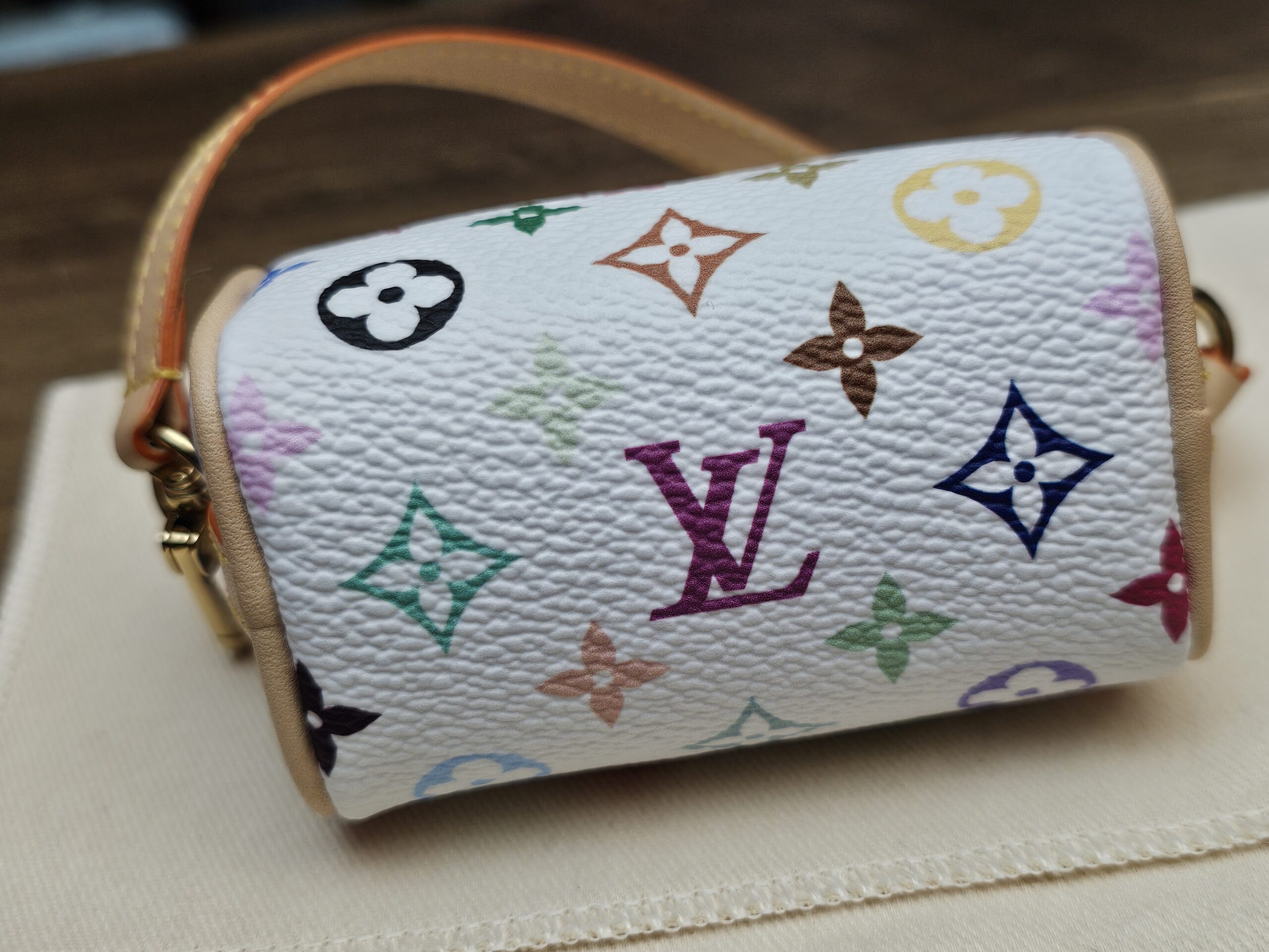 Back view of the white multicolor monogram canvas
