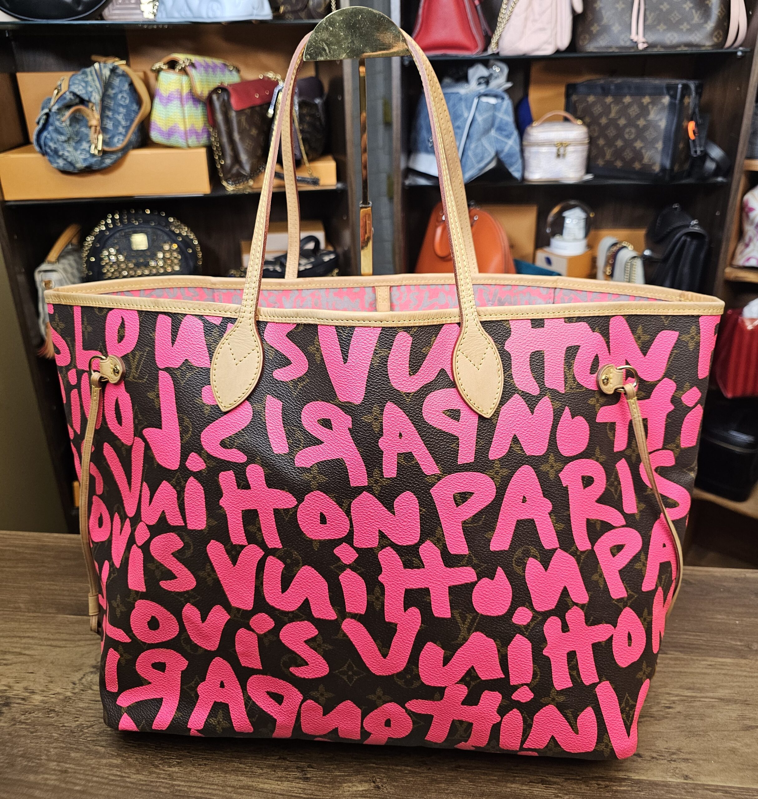 Straight front view of the fuchsia graffiti print