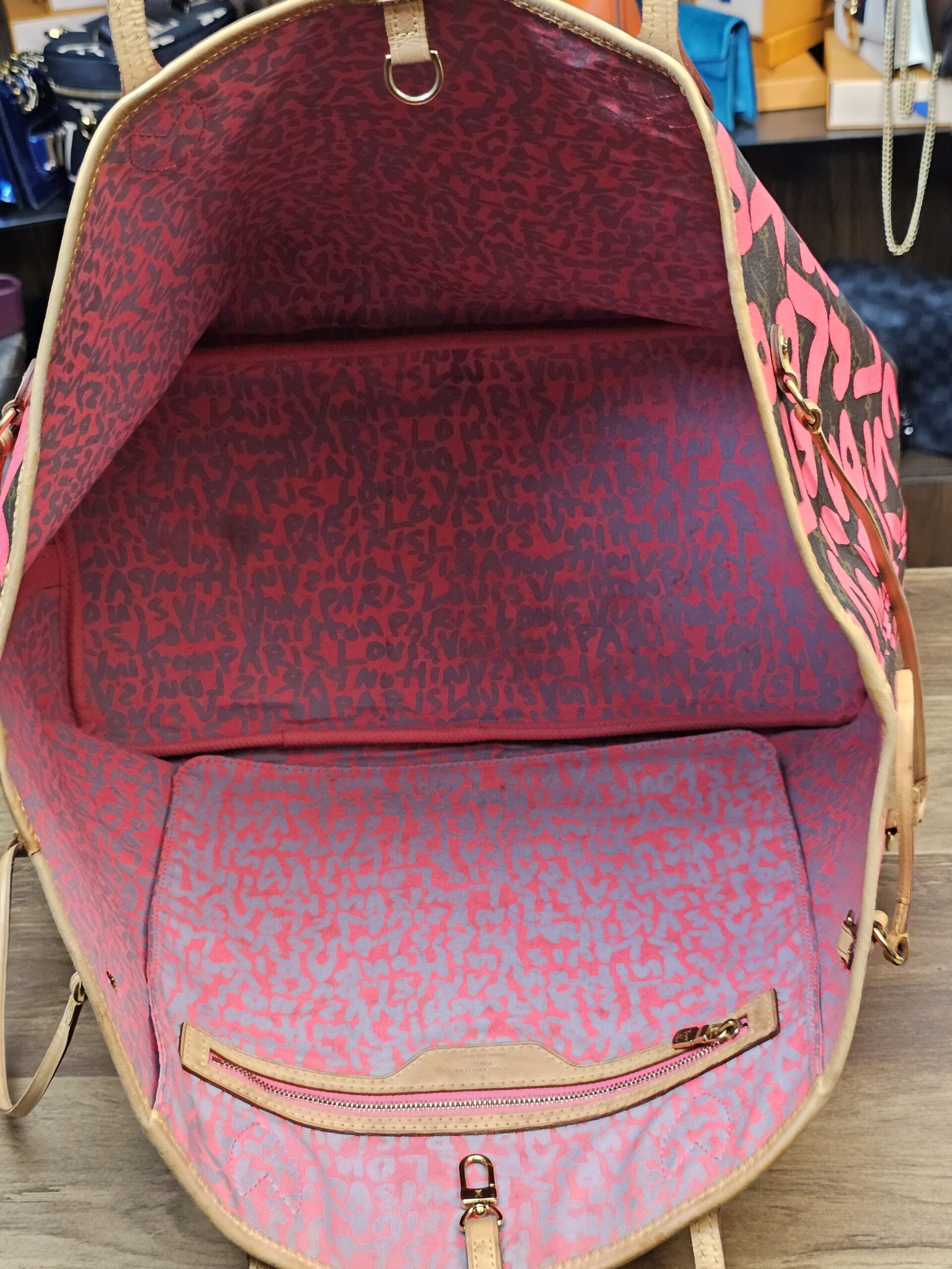 Interior overview with graffiti print lining