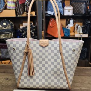 Louis Vuitton Damier Azur Propriano Tote - front view with the leather tassel and dust bag