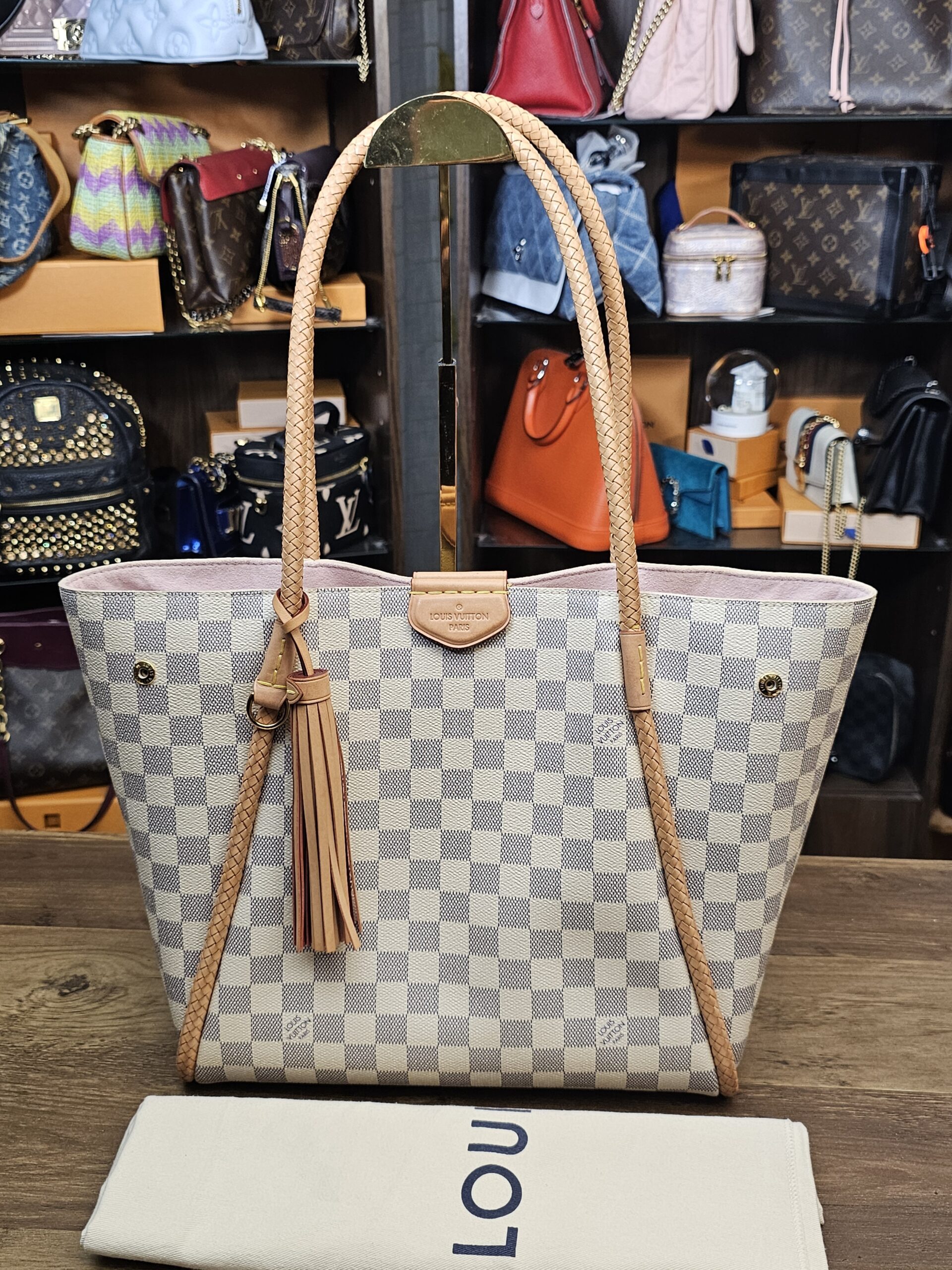 Louis Vuitton Damier Azur Propriano Tote - front view with the leather tassel and dust bag