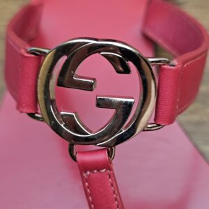 Close up of the silver-tone G logo buckle on the berry strap