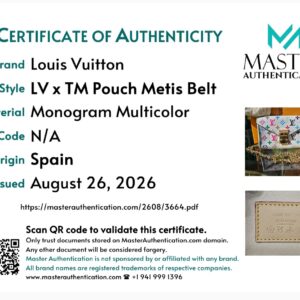 Master Authentication certificate listing Louis Vuitton LV x TM Pouch Metis Belt in Monogram Multicolor, made in Spain