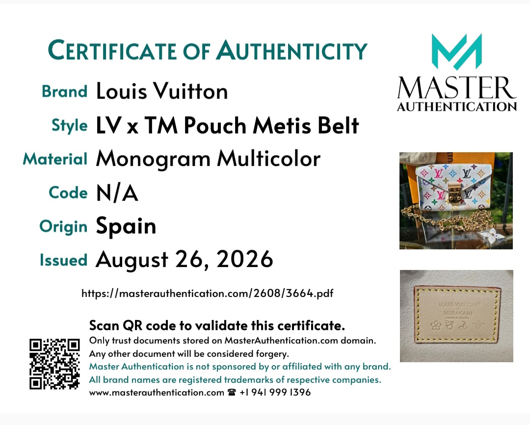Master Authentication certificate listing Louis Vuitton LV x TM Pouch Metis Belt in Monogram Multicolor, made in Spain
