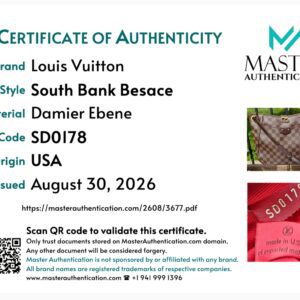 Master Authentication certificate for the Louis Vuitton South Bank Besace in Damier Ebene, code SD0178, origin USA
