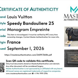 Master Authentication certificate of authenticity listing Louis Vuitton Speedy Bandouliere 25 in Monogram Empreinte, made in France