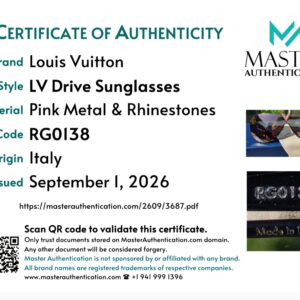 Master Authentication certificate of authenticity listing Louis Vuitton LV Drive Sunglasses in pink metal and rhinestones, code RG0138, made in Italy