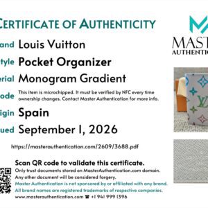 Master Authentication certificate for the Louis Vuitton Pocket Organizer in Monogram Gradient, origin Spain, noting the item is microchipped