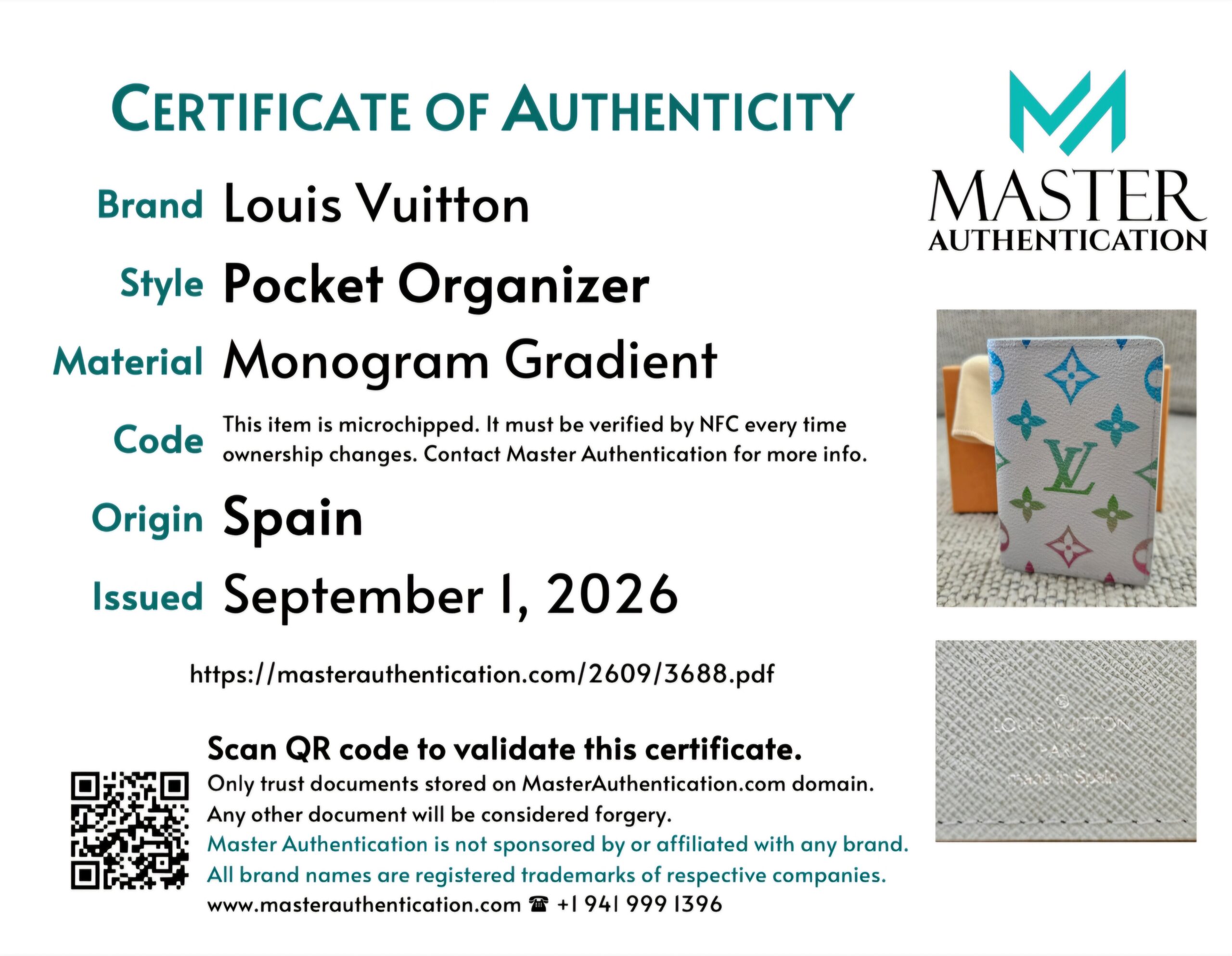 Master Authentication certificate for the Louis Vuitton Pocket Organizer in Monogram Gradient, origin Spain, noting the item is microchipped