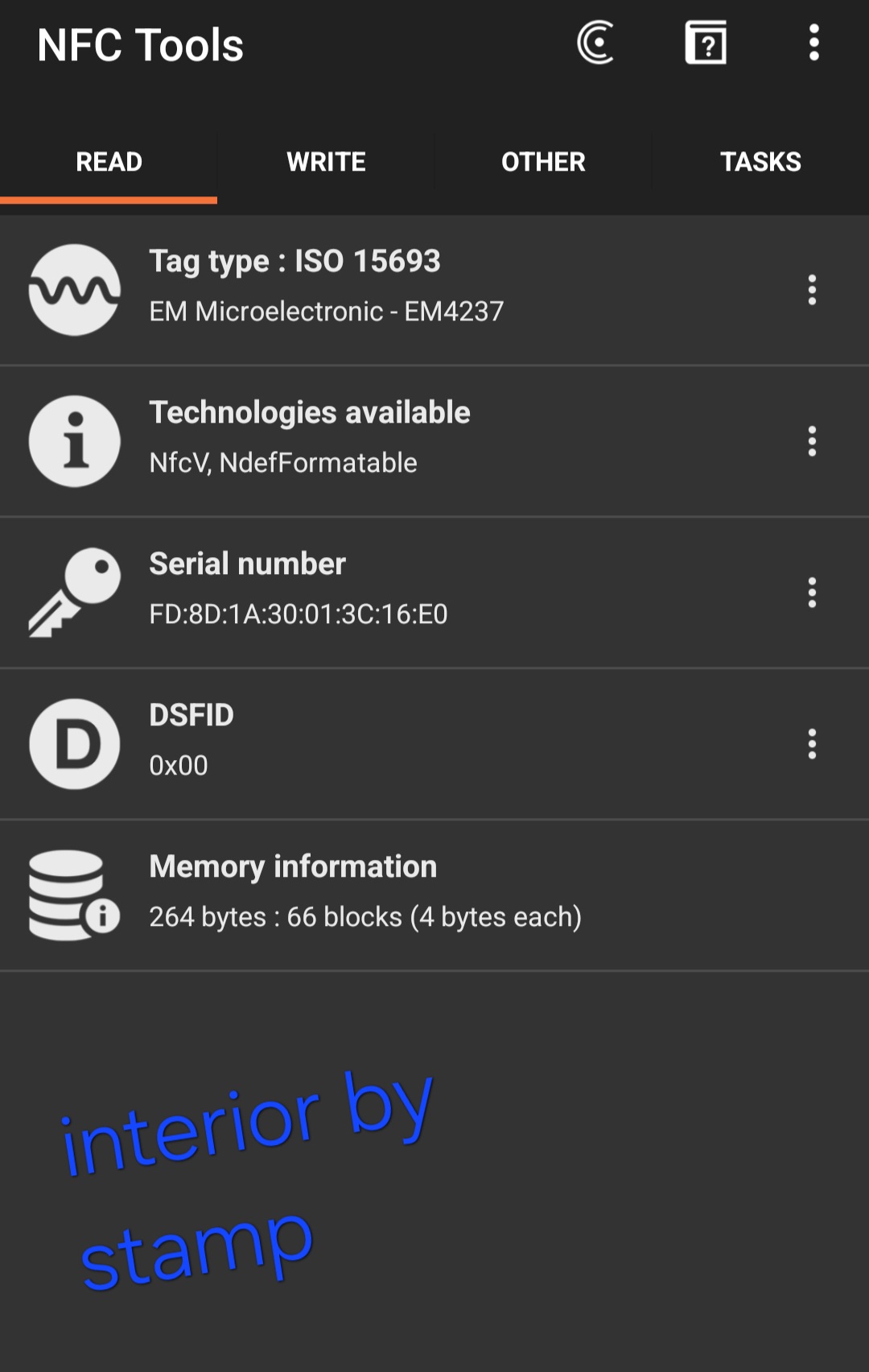 NFC reader screenshot showing the microchip serial number embedded in the Louis Vuitton Cerises Mini Bumbag