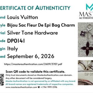 Master Authentication certificate of authenticity listing Bijou Sac Fleur De Epi Bag Charm, silver tone hardware, code DP0141, made in Italy