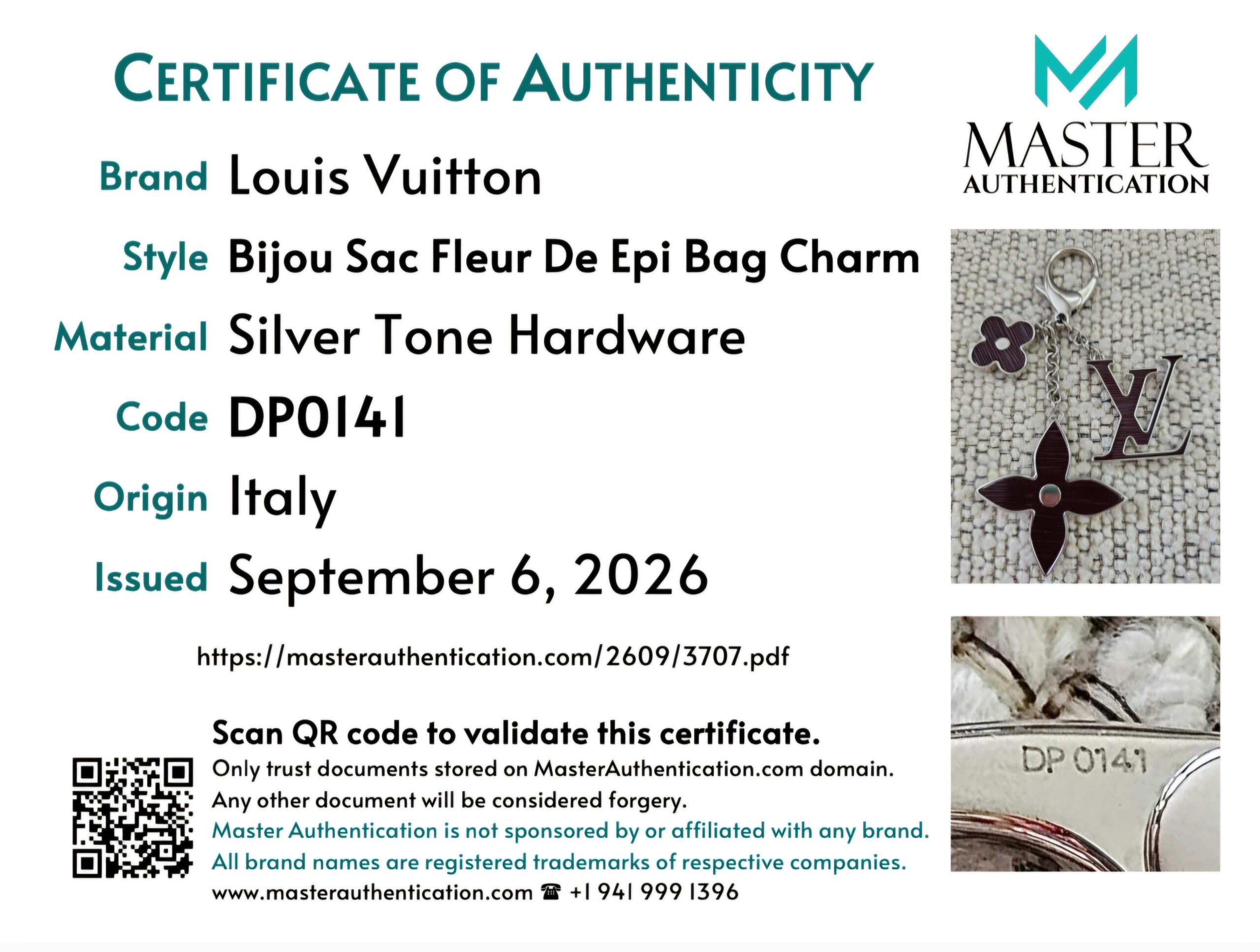 Master Authentication certificate of authenticity listing Bijou Sac Fleur De Epi Bag Charm, silver tone hardware, code DP0141, made in Italy