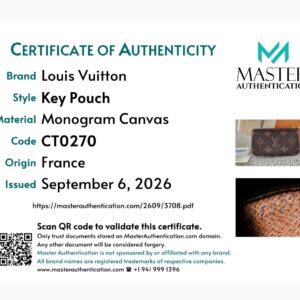 Master Authentication certificate listing Louis Vuitton Key Pouch in Monogram Canvas, code CT0270, made in France