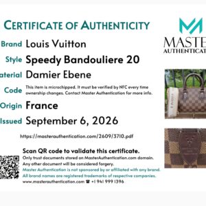 Master Authentication certificate of authenticity listing Louis Vuitton Speedy Bandouliere 20 in Damier Ebene, made in France