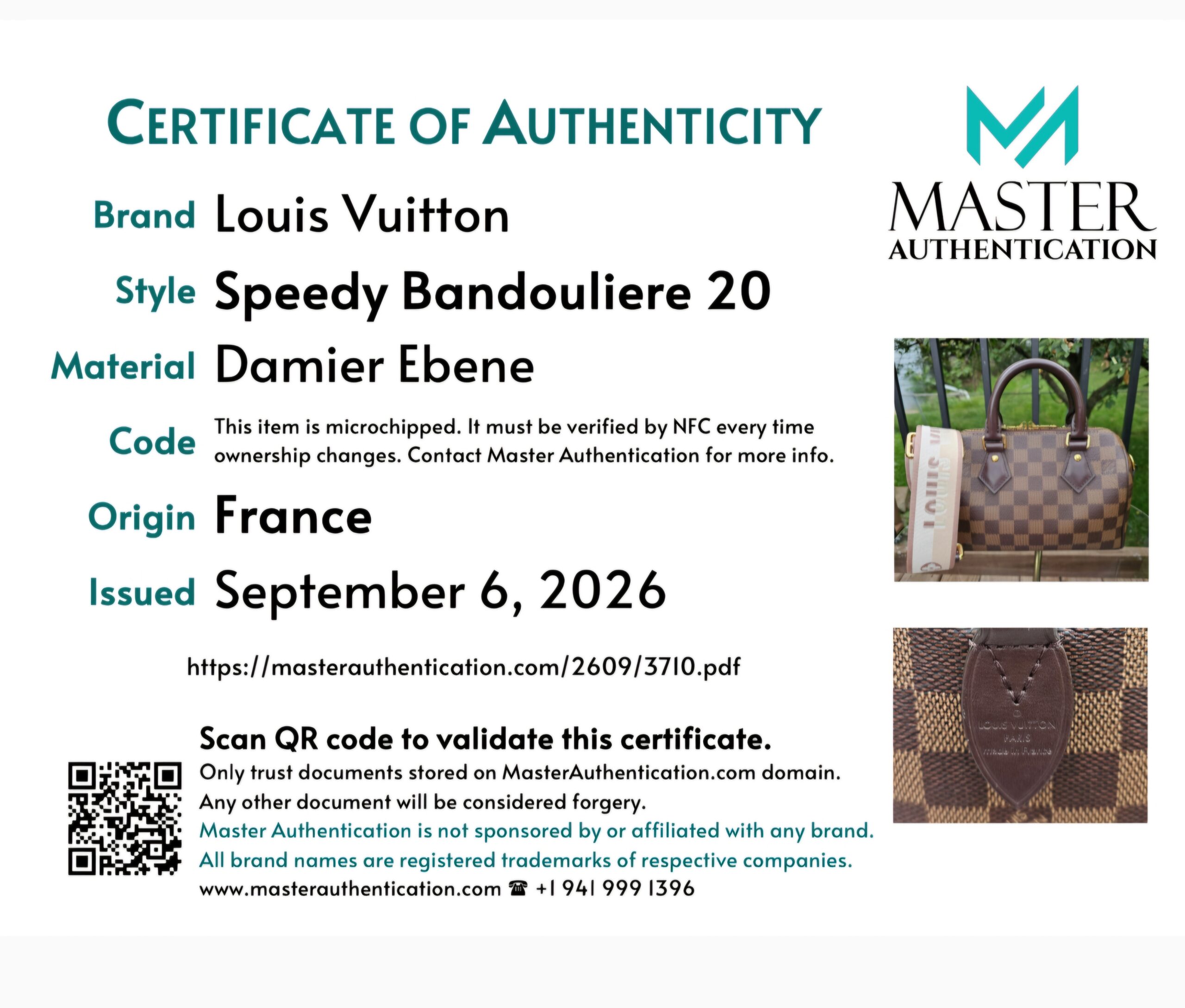 Master Authentication certificate of authenticity listing Louis Vuitton Speedy Bandouliere 20 in Damier Ebene, made in France