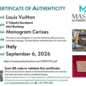 Master Authentication certificate of authenticity listing Louis Vuitton x Takashi Murakami Mini Bumbag in Monogram Cerises, made in Italy