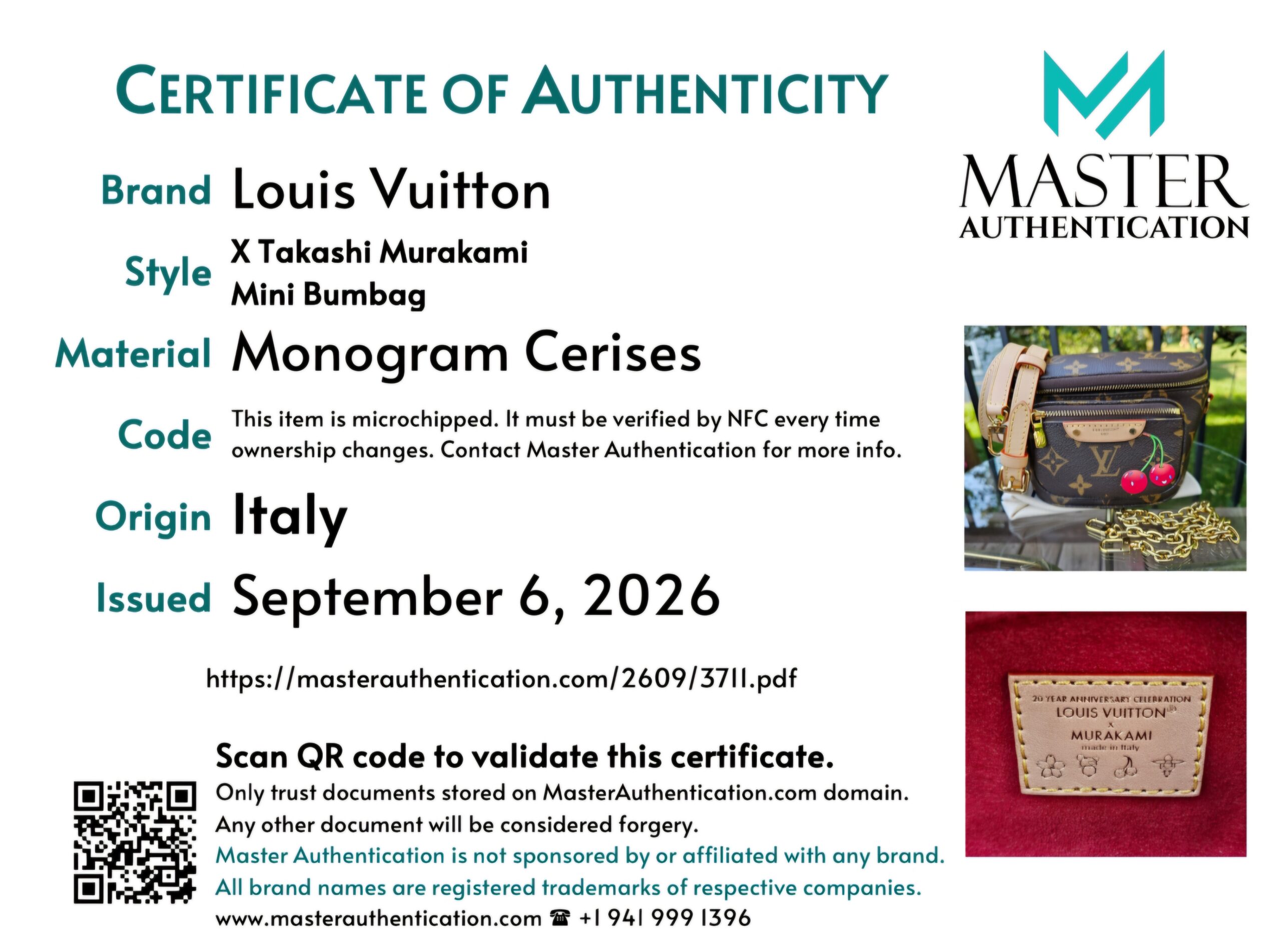 Master Authentication certificate of authenticity listing Louis Vuitton x Takashi Murakami Mini Bumbag in Monogram Cerises, made in Italy