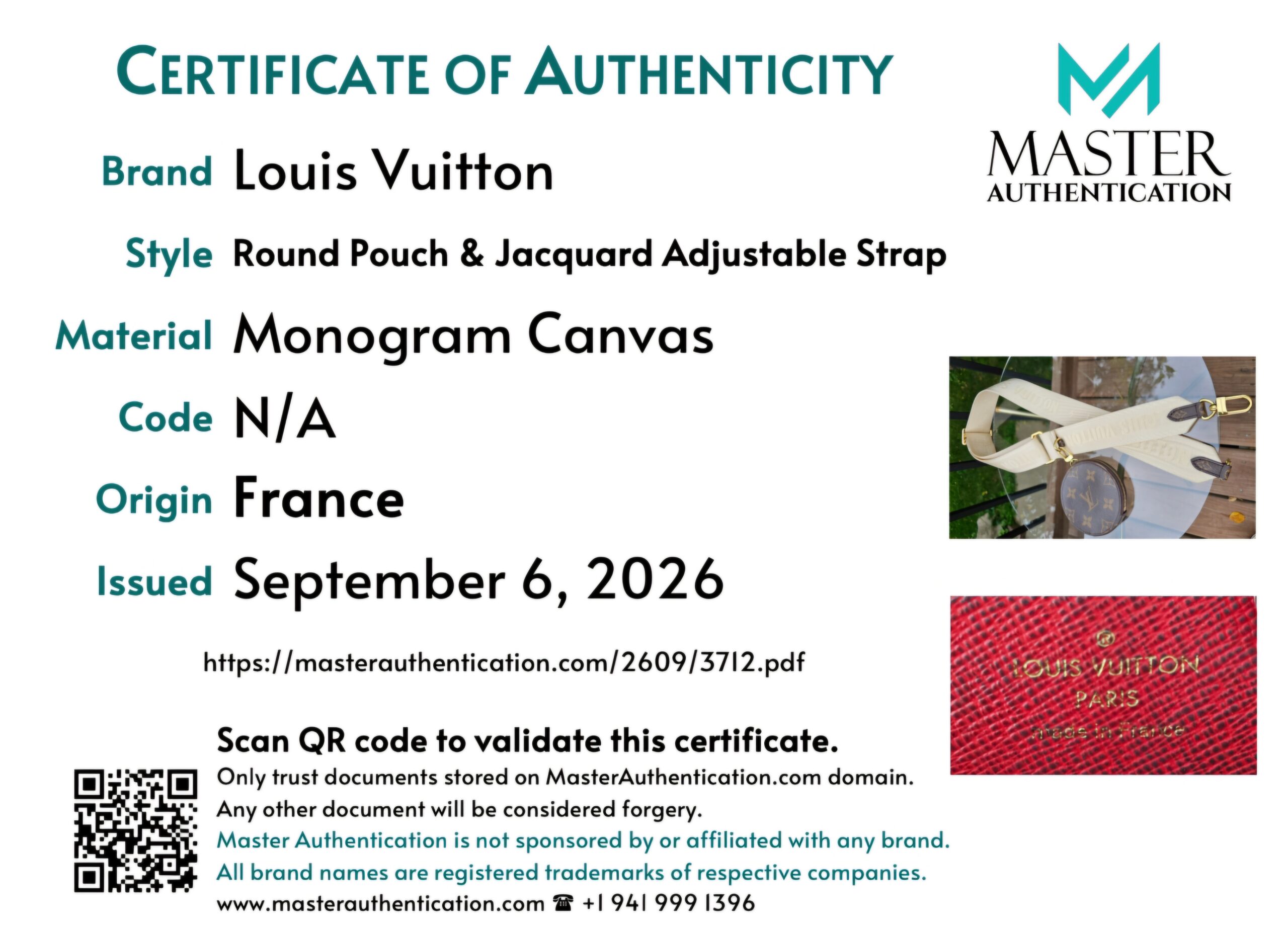 Master Authentication certificate listing Louis Vuitton Round Pouch & Jacquard Adjustable Strap in Monogram Canvas, made in France