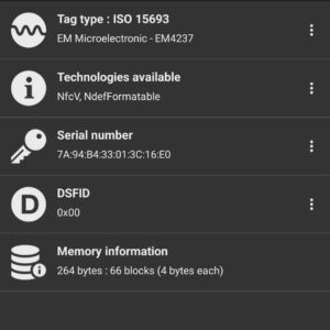 NFC reader screenshot showing the microchip serial number embedded in the Louis Vuitton Recto Verso card holder