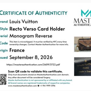 Master Authentication certificate of authenticity listing Louis Vuitton Recto Verso Card Holder in Monogram Reverse, made in France