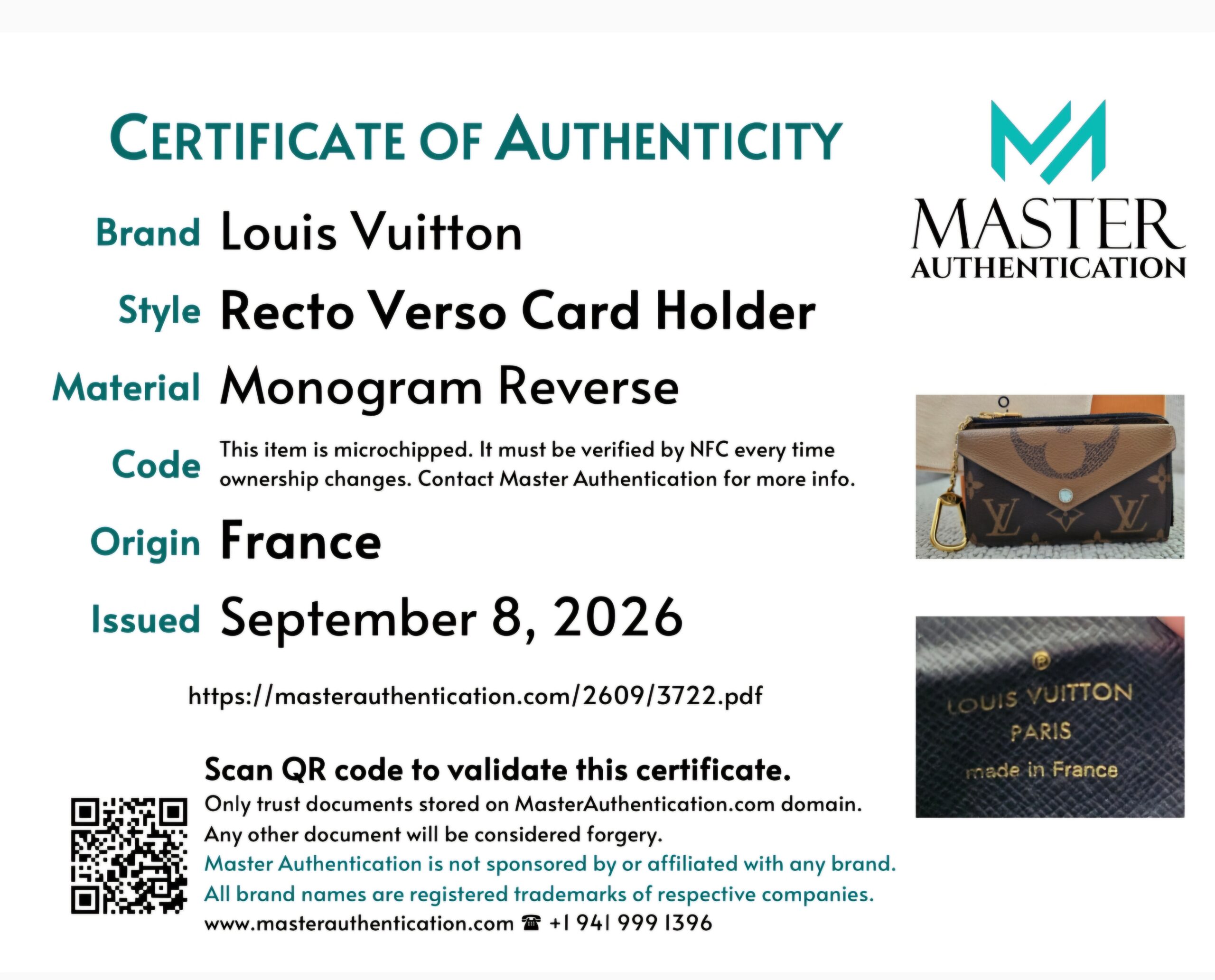 Master Authentication certificate of authenticity listing Louis Vuitton Recto Verso Card Holder in Monogram Reverse, made in France