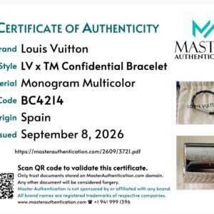 Master Authentication certificate of authenticity listing LV x TM Confidential Bracelet in Monogram Multicolor, code BC4214, made in Spain