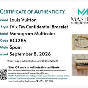 Master Authentication certificate of authenticity listing LV x TM Confidential Bracelet in Monogram Multicolor, code BC1284, made in Spain