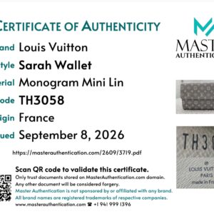 Master Authentication certificate of authenticity listing Louis Vuitton Sarah Wallet in Monogram Mini Lin, code TH3058, made in France