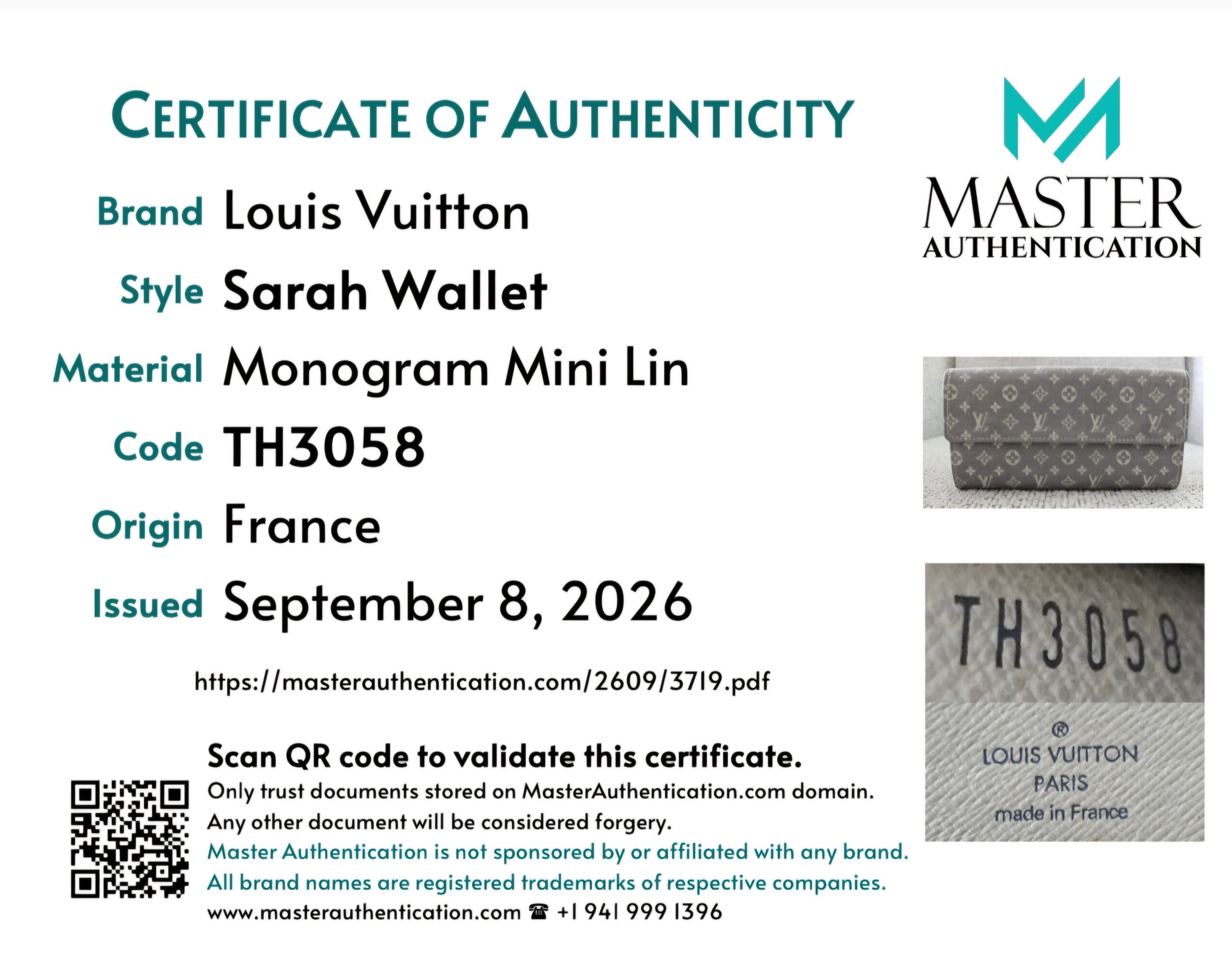 Master Authentication certificate of authenticity listing Louis Vuitton Sarah Wallet in Monogram Mini Lin, code TH3058, made in France
