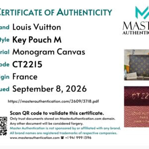Master Authentication certificate of authenticity listing Louis Vuitton Key Pouch M in Monogram Canvas, code CT2215, made in France