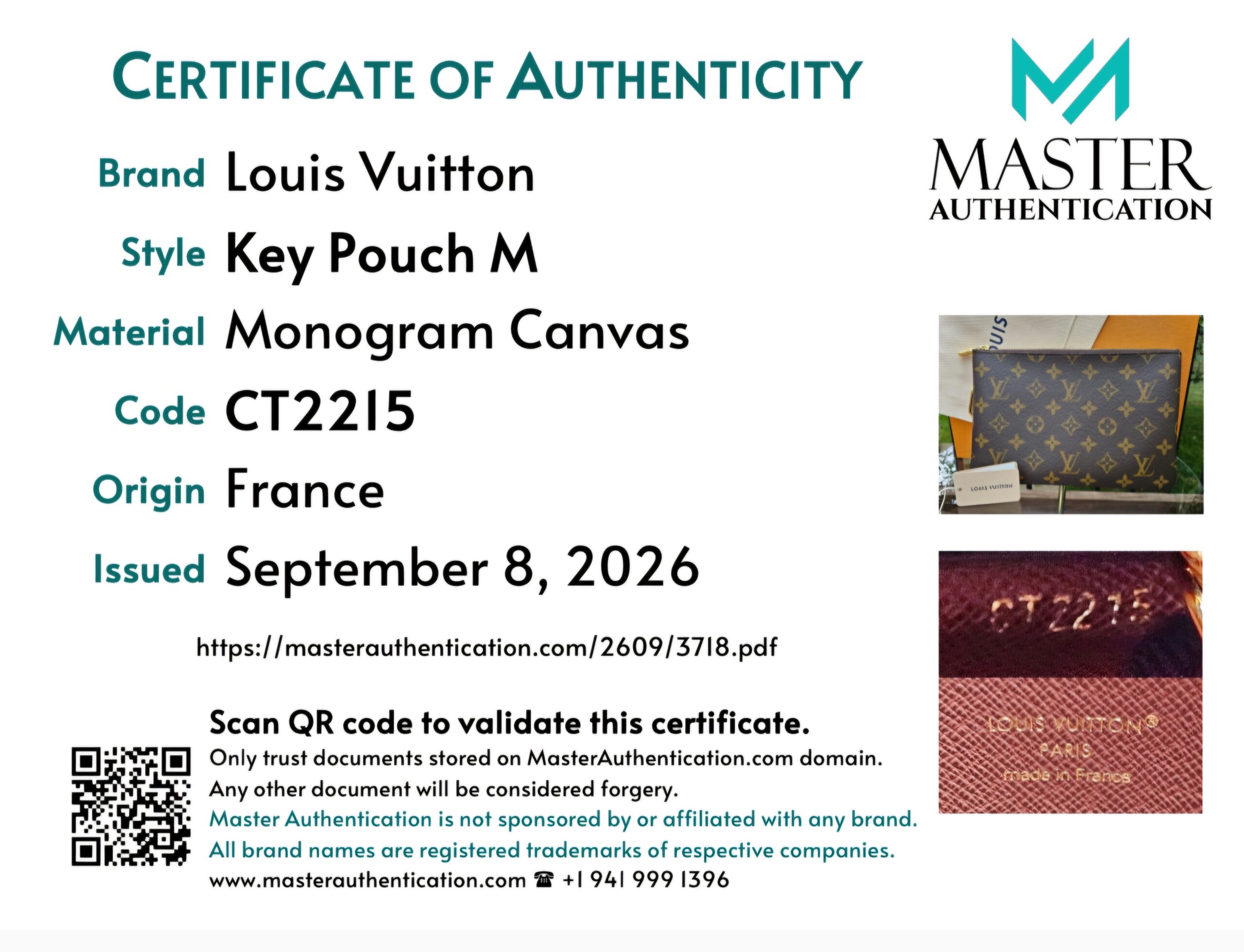 Master Authentication certificate of authenticity listing Louis Vuitton Key Pouch M in Monogram Canvas, code CT2215, made in France