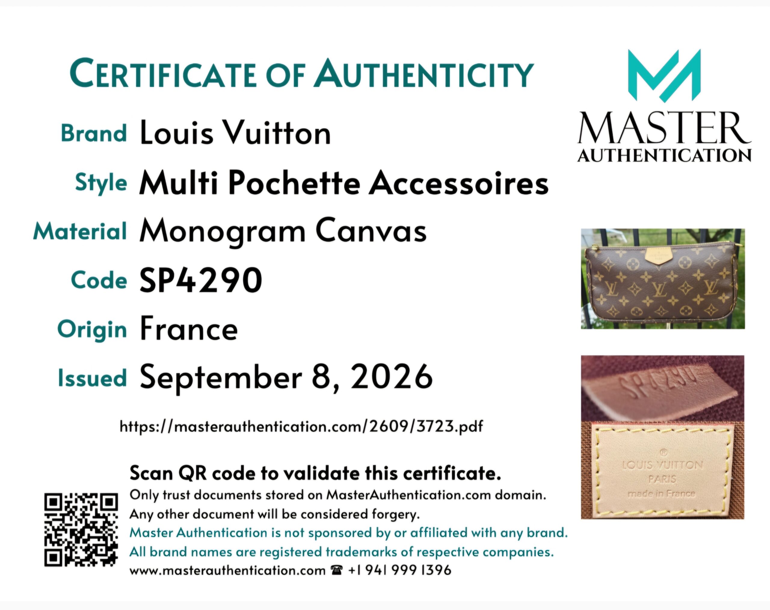 Master Authentication certificate of authenticity listing Louis Vuitton Multi Pochette Accessoires in Monogram Canvas, code SP4290, made in France