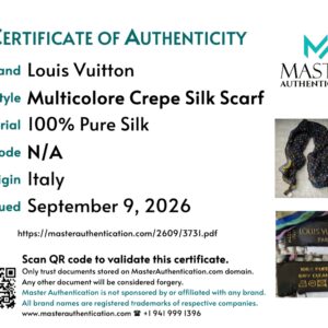 Master Authentication certificate listing Louis Vuitton Multicolore Crepe Silk Scarf, 100% pure silk, made in Italy