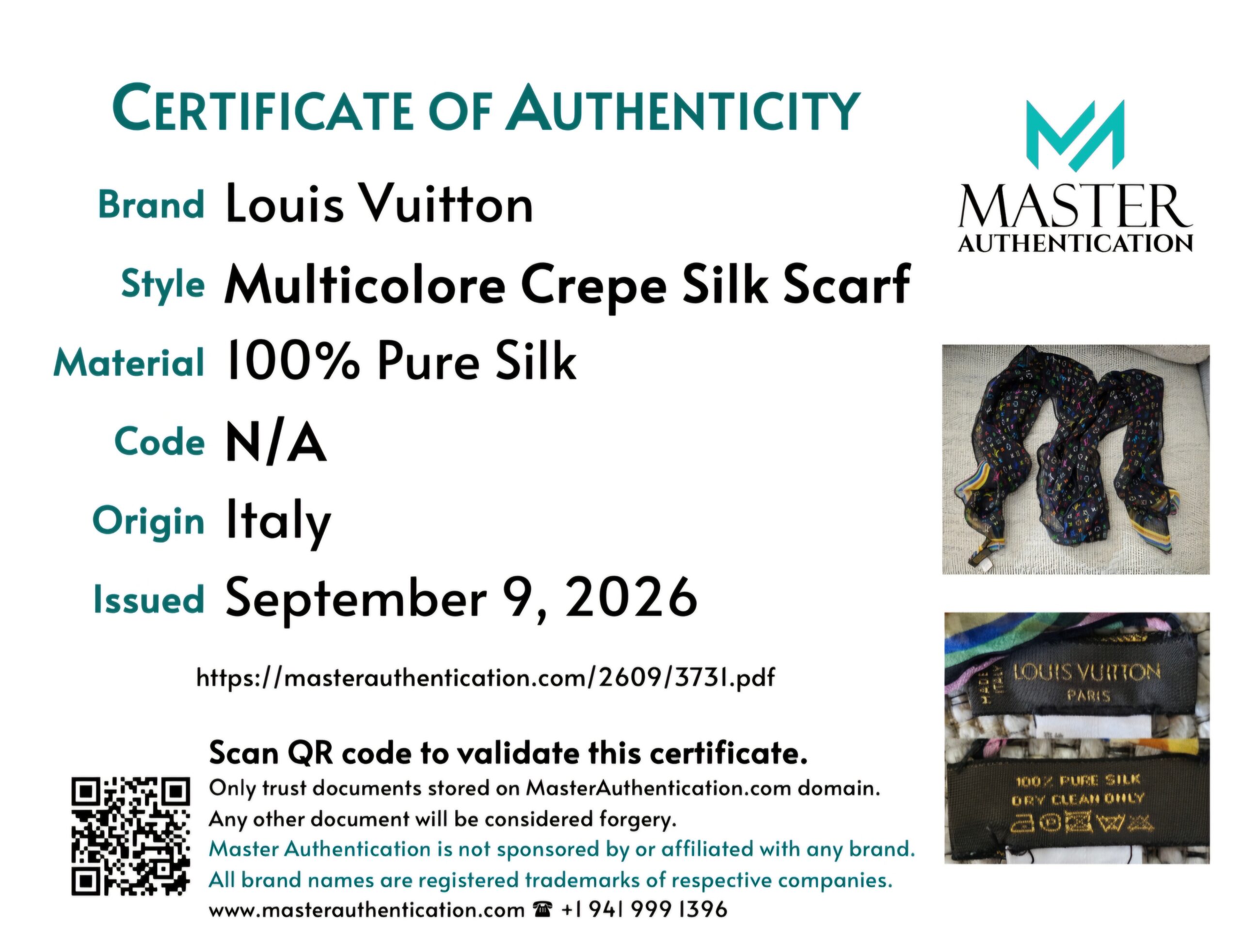 Master Authentication certificate listing Louis Vuitton Multicolore Crepe Silk Scarf, 100% pure silk, made in Italy