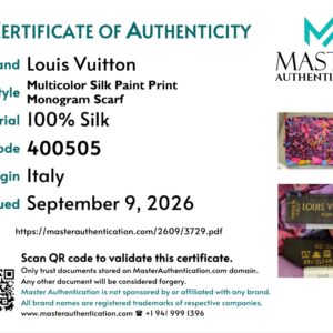 Master Authentication certificate listing Louis Vuitton Multicolor Silk Paint Print Monogram Scarf, 100% silk, code 400505, made in Italy