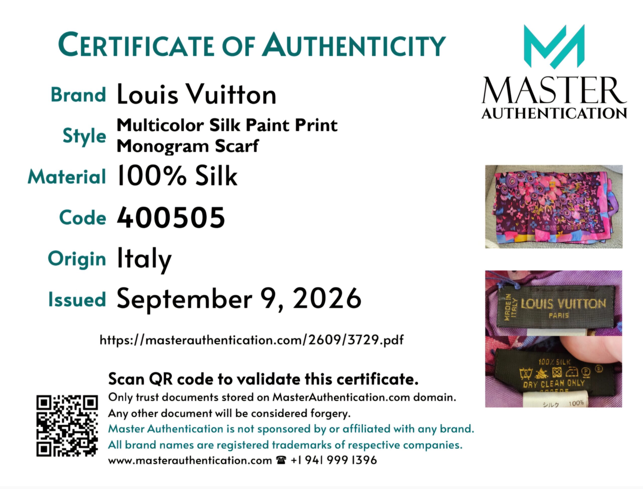 Master Authentication certificate listing Louis Vuitton Multicolor Silk Paint Print Monogram Scarf, 100% silk, code 400505, made in Italy