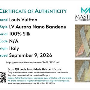 Master Authentication certificate listing Louis Vuitton LV Aurora Nano Bandeau, 100% silk, made in Italy