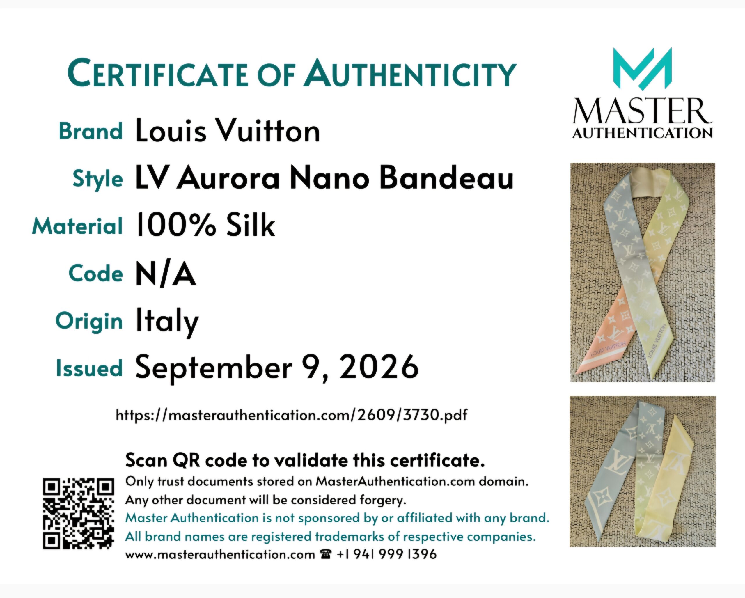 Master Authentication certificate listing Louis Vuitton LV Aurora Nano Bandeau, 100% silk, made in Italy
