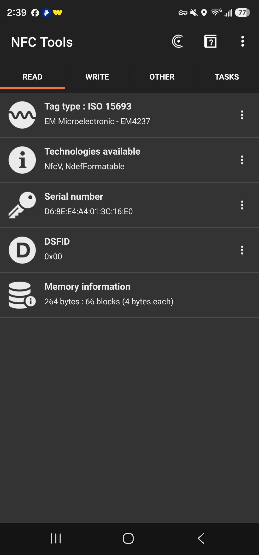 NFC reader screenshot showing the microchip serial number in the card holder