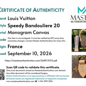 Master Authentication certificate listing Louis Vuitton Speedy Bandouliere 20 in Monogram Canvas, made in France