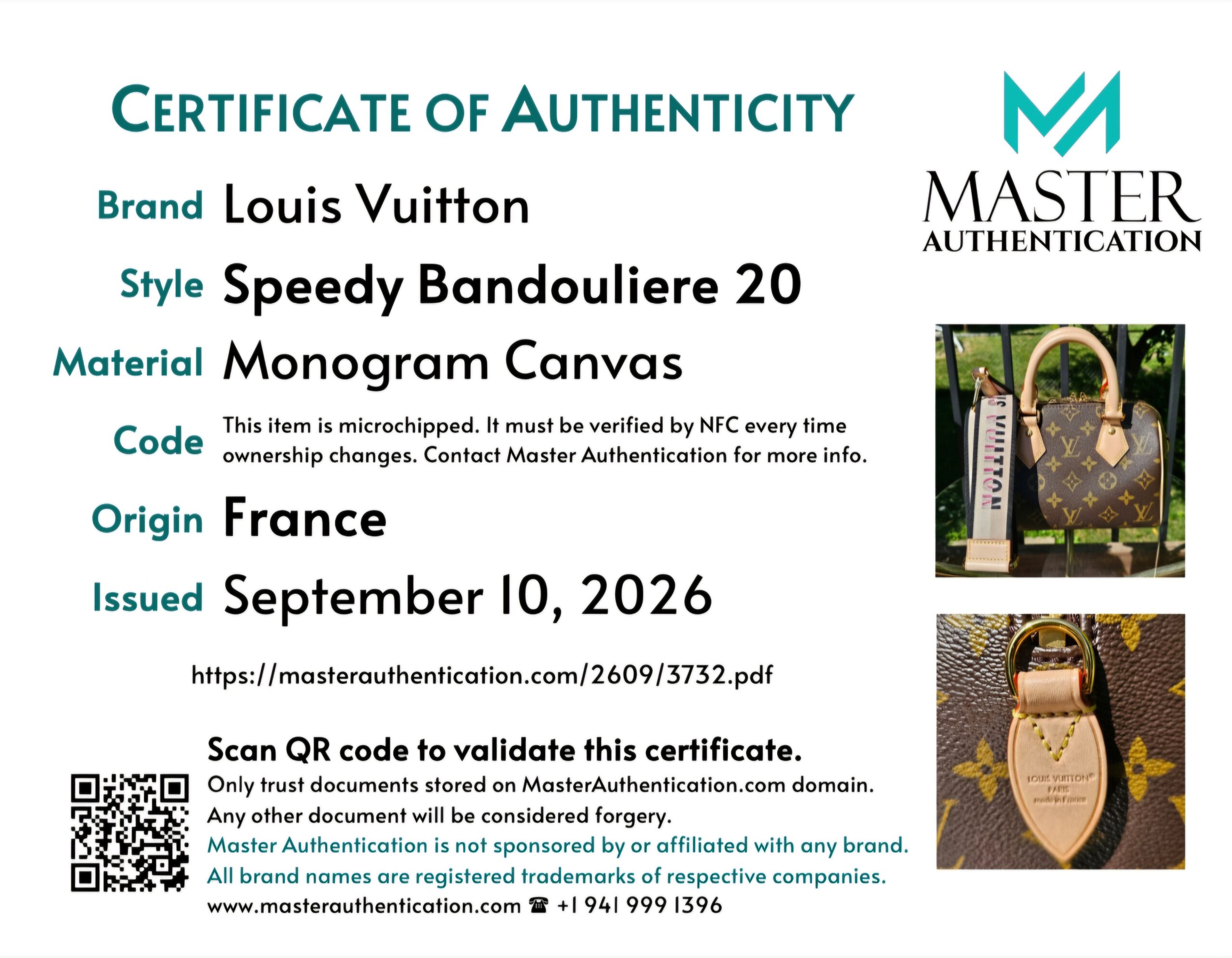 Master Authentication certificate listing Louis Vuitton Speedy Bandouliere 20 in Monogram Canvas, made in France