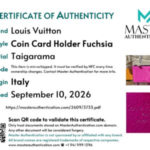 Master Authentication certificate listing Louis Vuitton Coin Card Holder Fuchsia in Taigarama, made in Italy