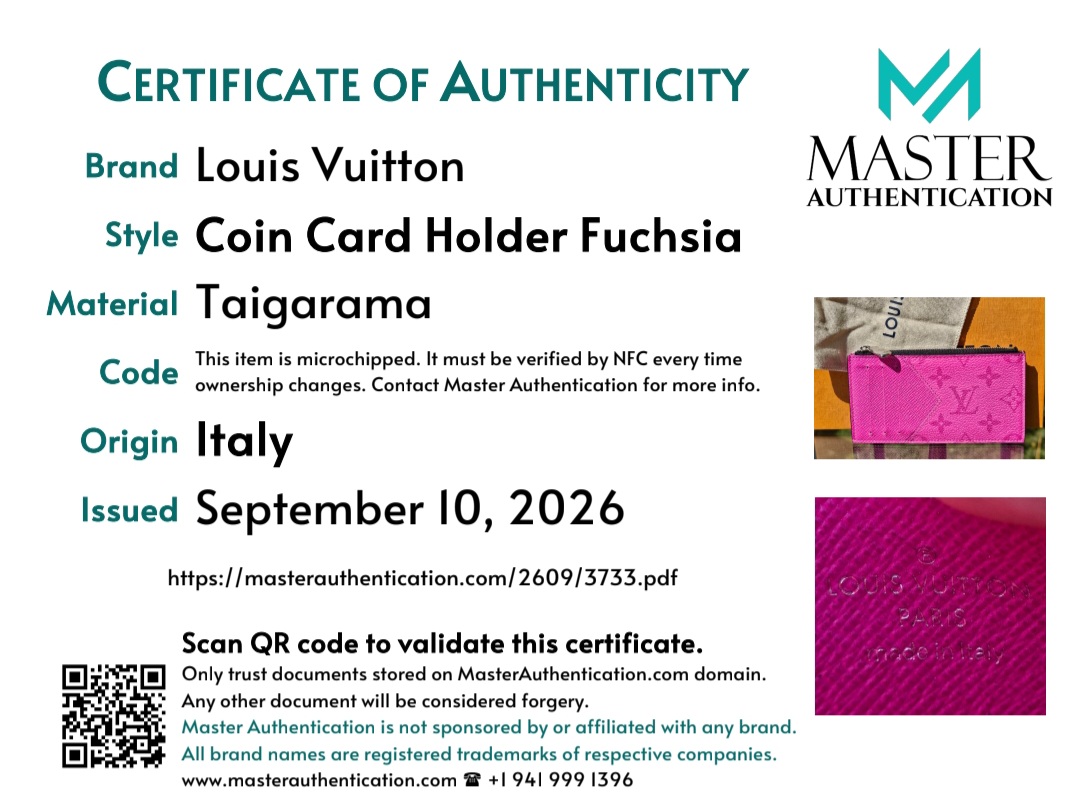 Master Authentication certificate listing Louis Vuitton Coin Card Holder Fuchsia in Taigarama, made in Italy