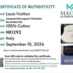 Master Authentication certificate listing Louis Vuitton Jacquard Monogram LVacation Reversible Hat, 100% cotton, code NX1292, made in Italy