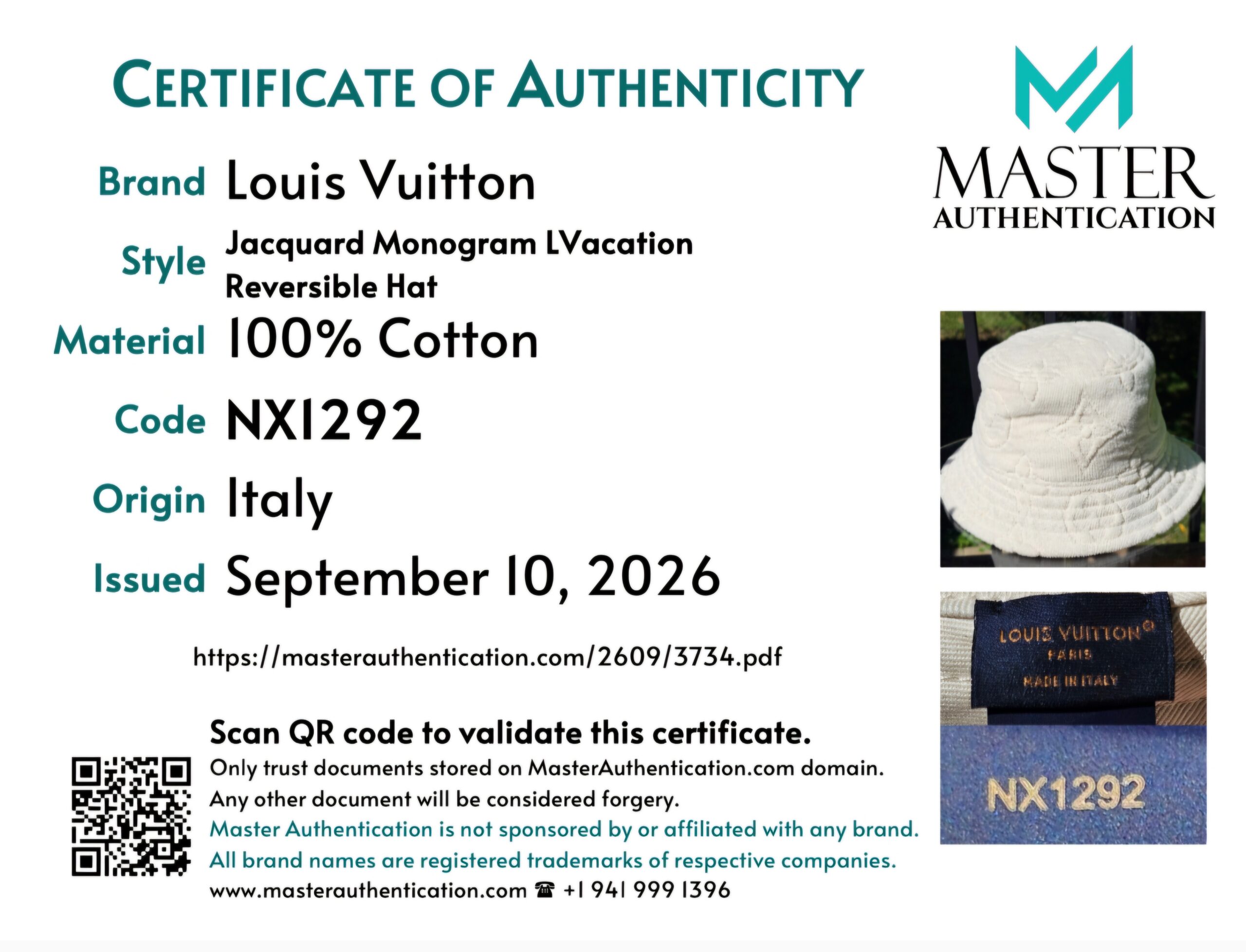 Master Authentication certificate listing Louis Vuitton Jacquard Monogram LVacation Reversible Hat, 100% cotton, code NX1292, made in Italy
