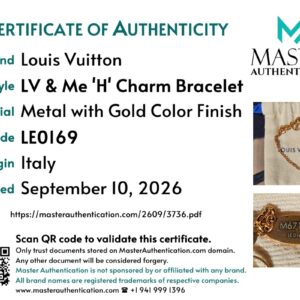 Master Authentication certificate listing Louis Vuitton LV & Me H Charm Bracelet, code LE0169, made in Italy