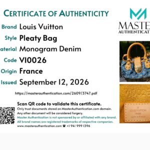 Master Authentication certificate listing Louis Vuitton Pleaty Bag in Monogram Denim, code VI0026, made in France