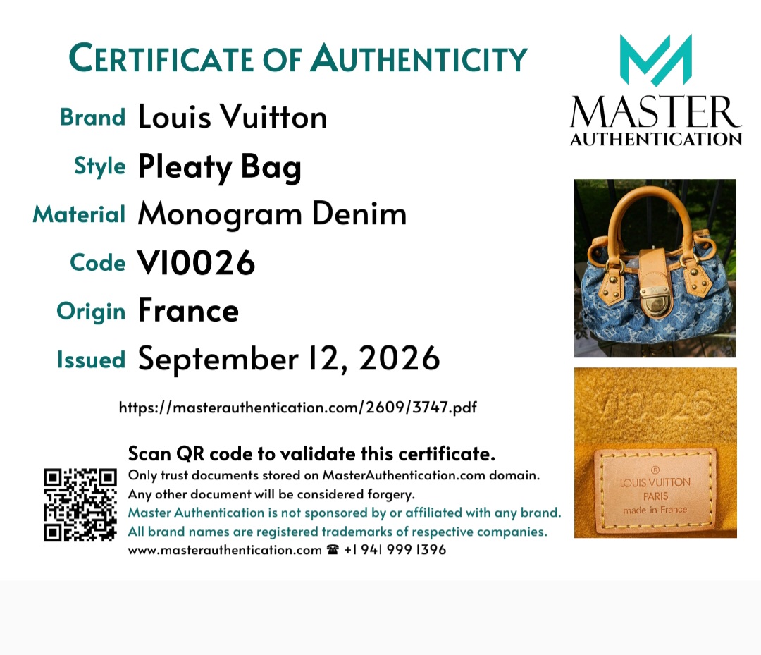 Master Authentication certificate listing Louis Vuitton Pleaty Bag in Monogram Denim, code VI0026, made in France