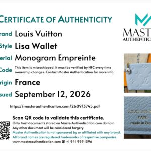 Master Authentication certificate listing Louis Vuitton Lisa Wallet in Monogram Empreinte, made in France