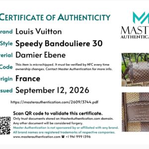 Master Authentication certificate listing Louis Vuitton Speedy Bandouliere 30 in Damier Ebene, made in France